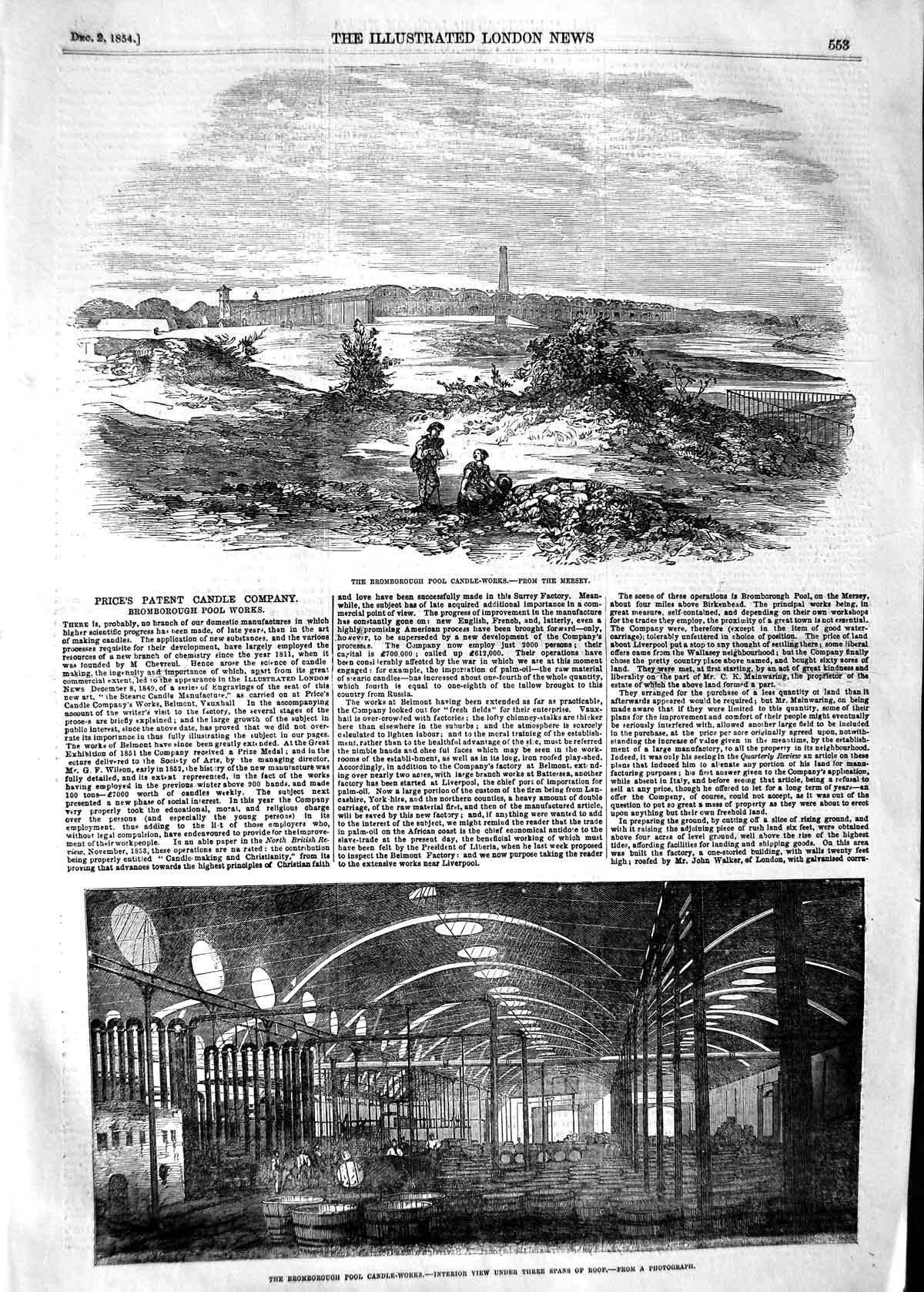 Original Old Antique Print 1854 Patent Bromborough Pool Candle Work Victorian