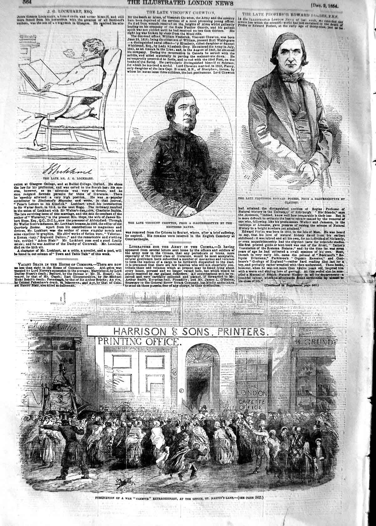 Old Antique Print 1854 War Gazette Harrison Martin'S Lane Chewton Forbes 19th