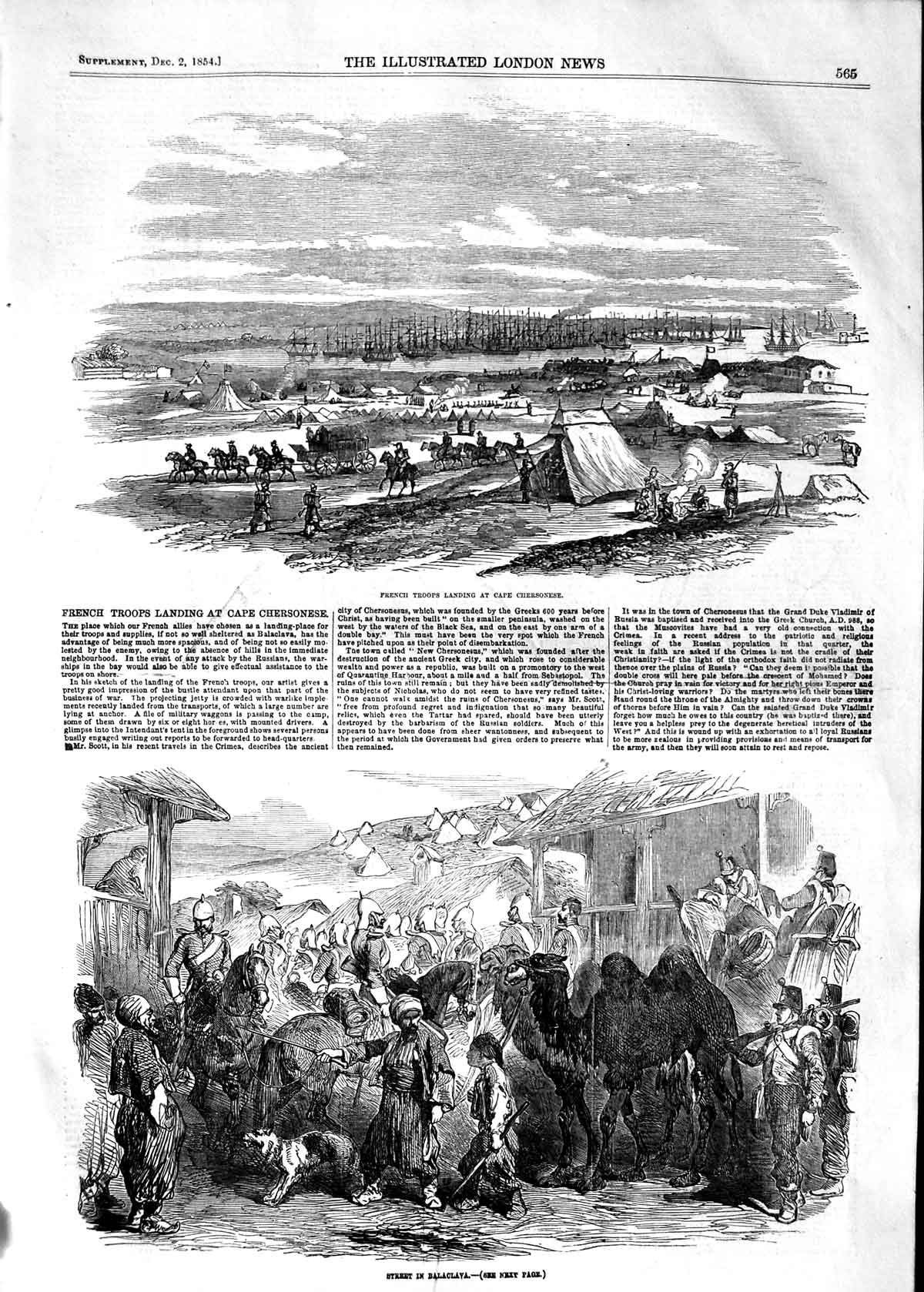 Old Antique Print 1854 French Troops Cape Chersonese Street Balaclava War 19th