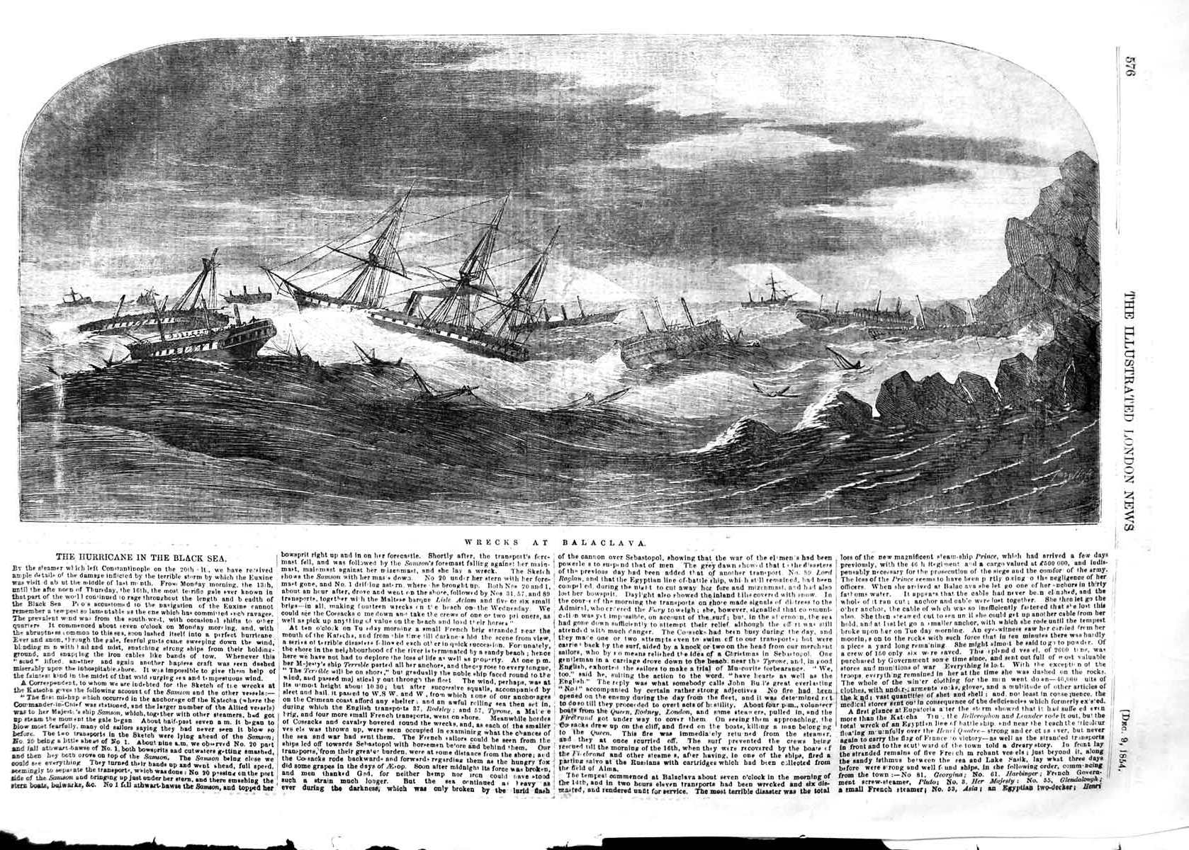 Original Old Antique Print 1854 Ship Wrecks Balaclava Hurricane Black Sea 19th