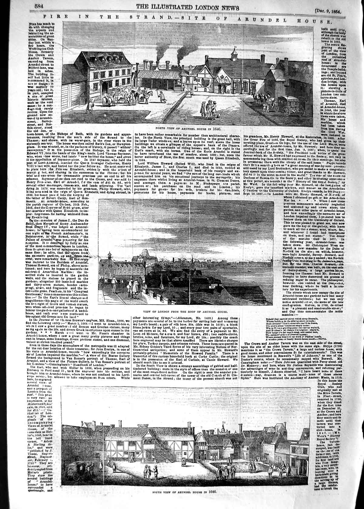Original Old Antique Print 1854 Fire Strand Arundel House London Whittingt 19th
