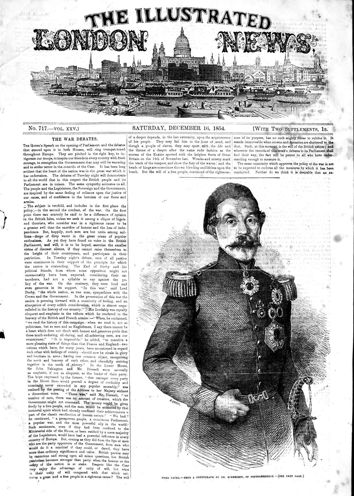 Original Old Antique Print 1854 Portrait Omer Pacha Constantinople Victorian