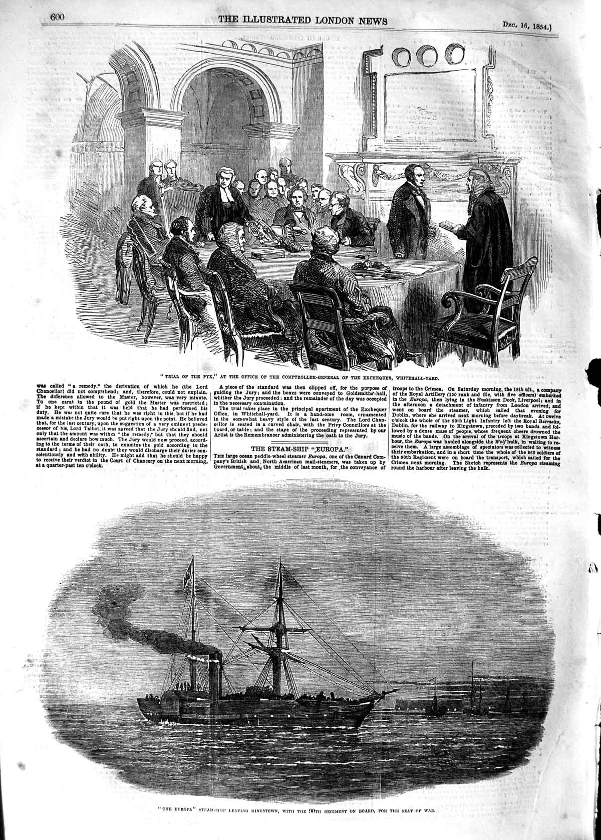 Original Old Antique Print 1854 Trial Pyx White-Hall Yard Europa Kingstown War