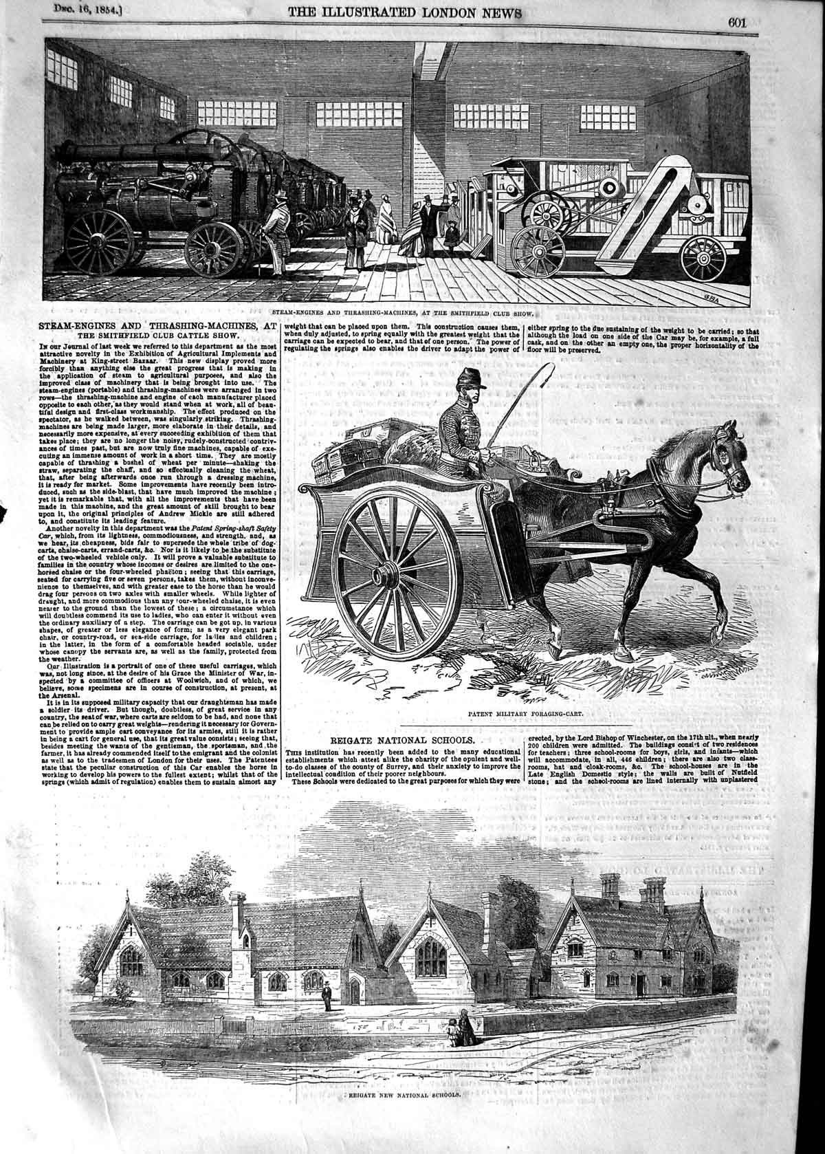 Old Antique Print 1854 Steam-Engines Smithfield Club Reigate School Cart 19th