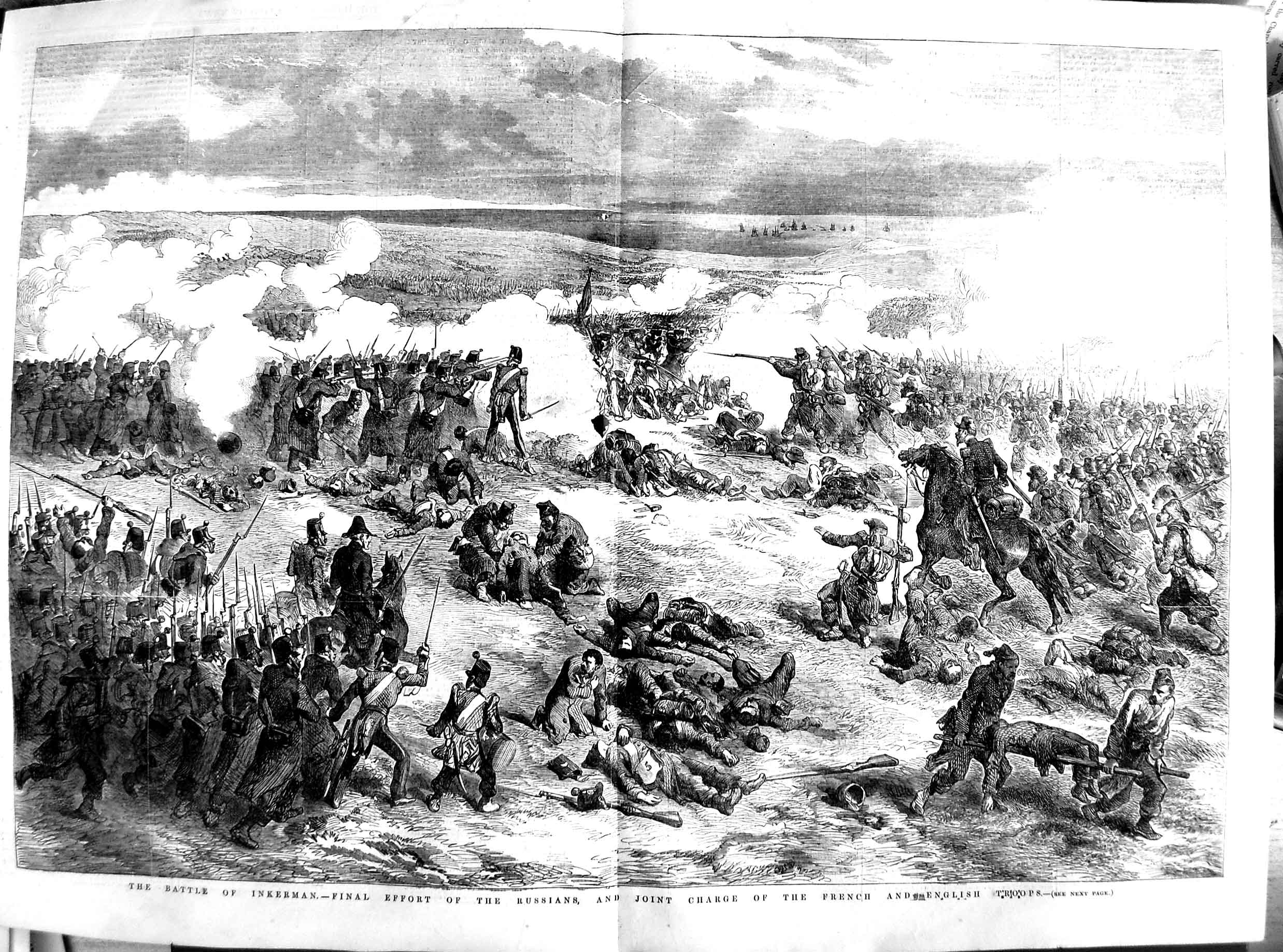 Original Old Antique Print 1854 Battle Inkerman War Russian Siers French 19th