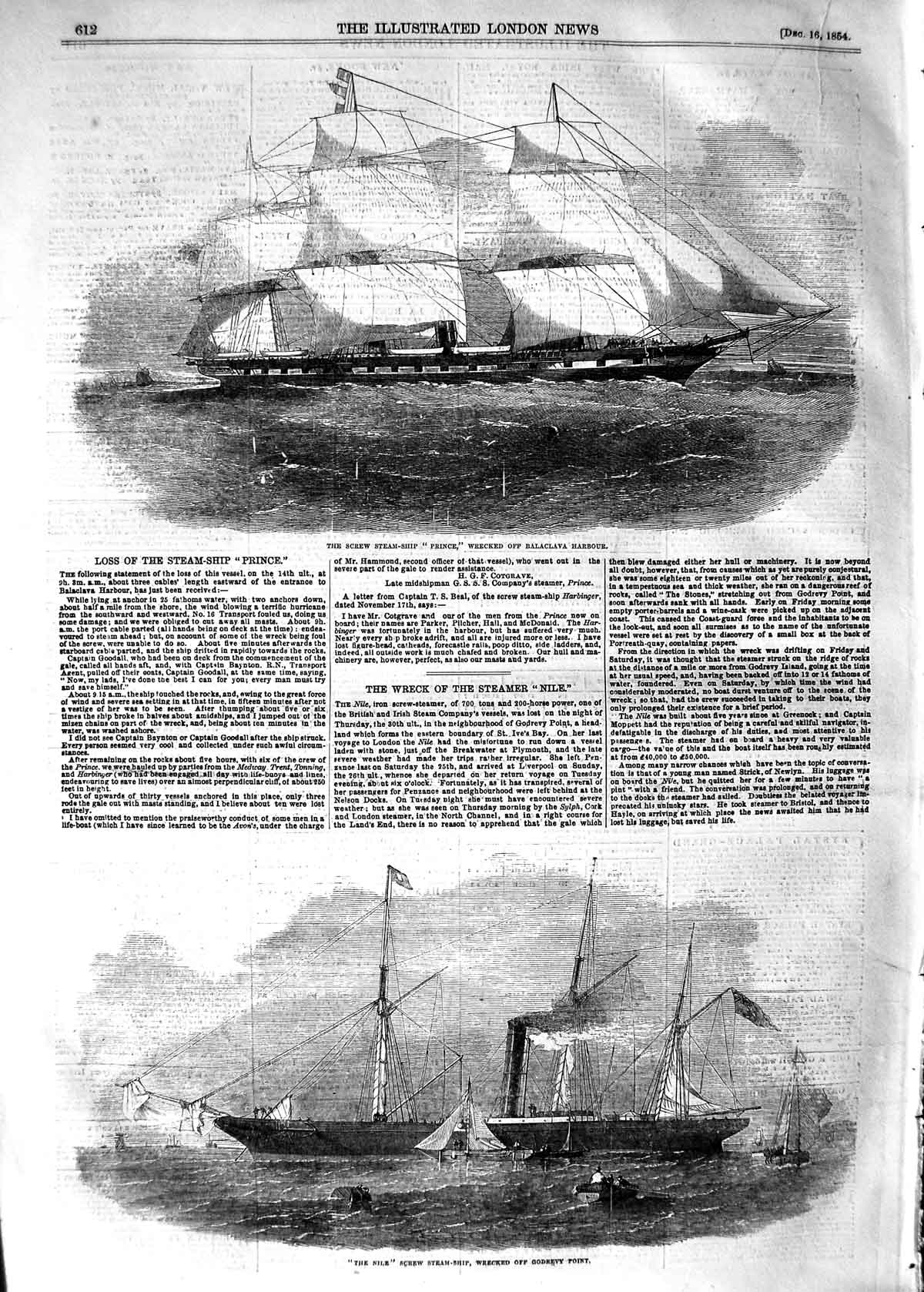 Original Old Antique Print 1854 Screw Steam Ship Prince Balaclava Harbour N 19th
