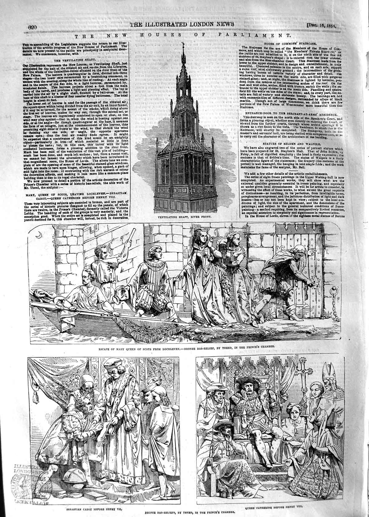 Original Old Antique Print 1854 Houses Parliament Mary Queen Scots Lochleven
