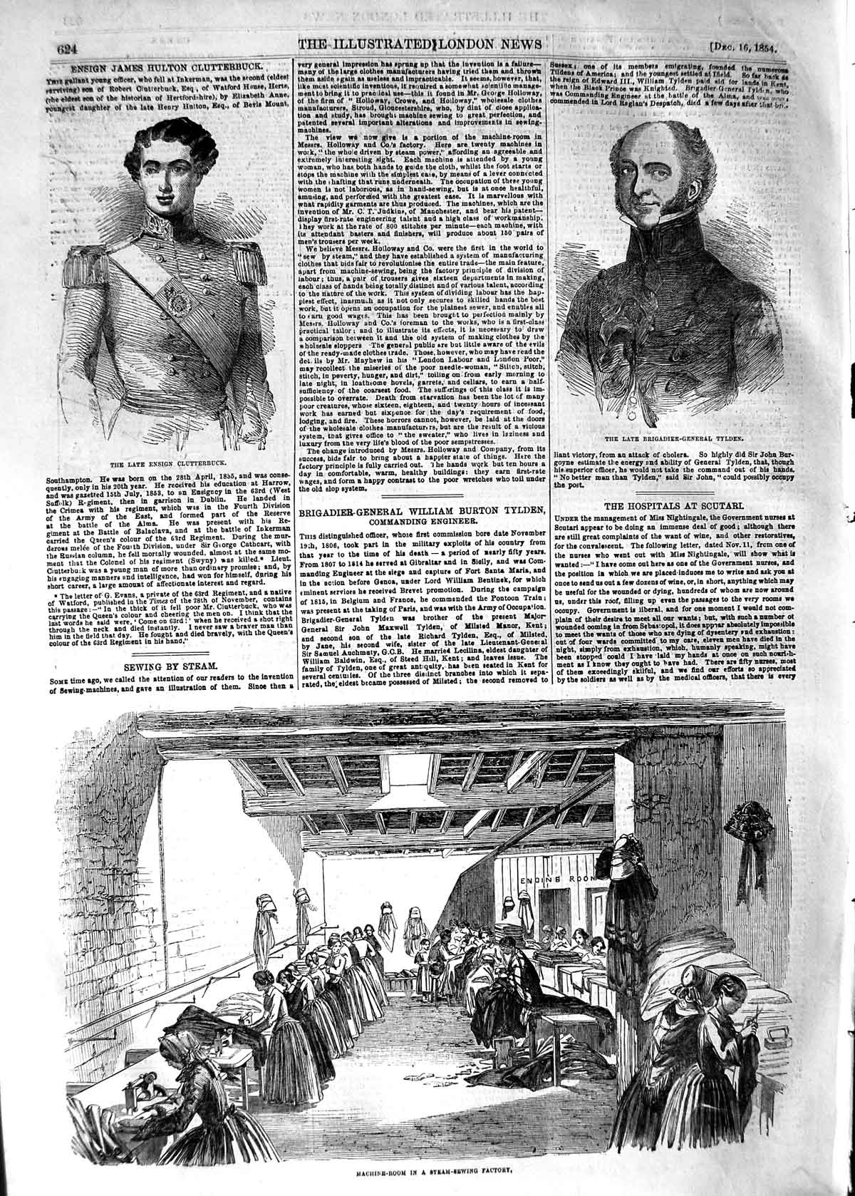 Original Old Antique Print 1854 Machine-Room Steam-Sewing Factory Tylden 19th