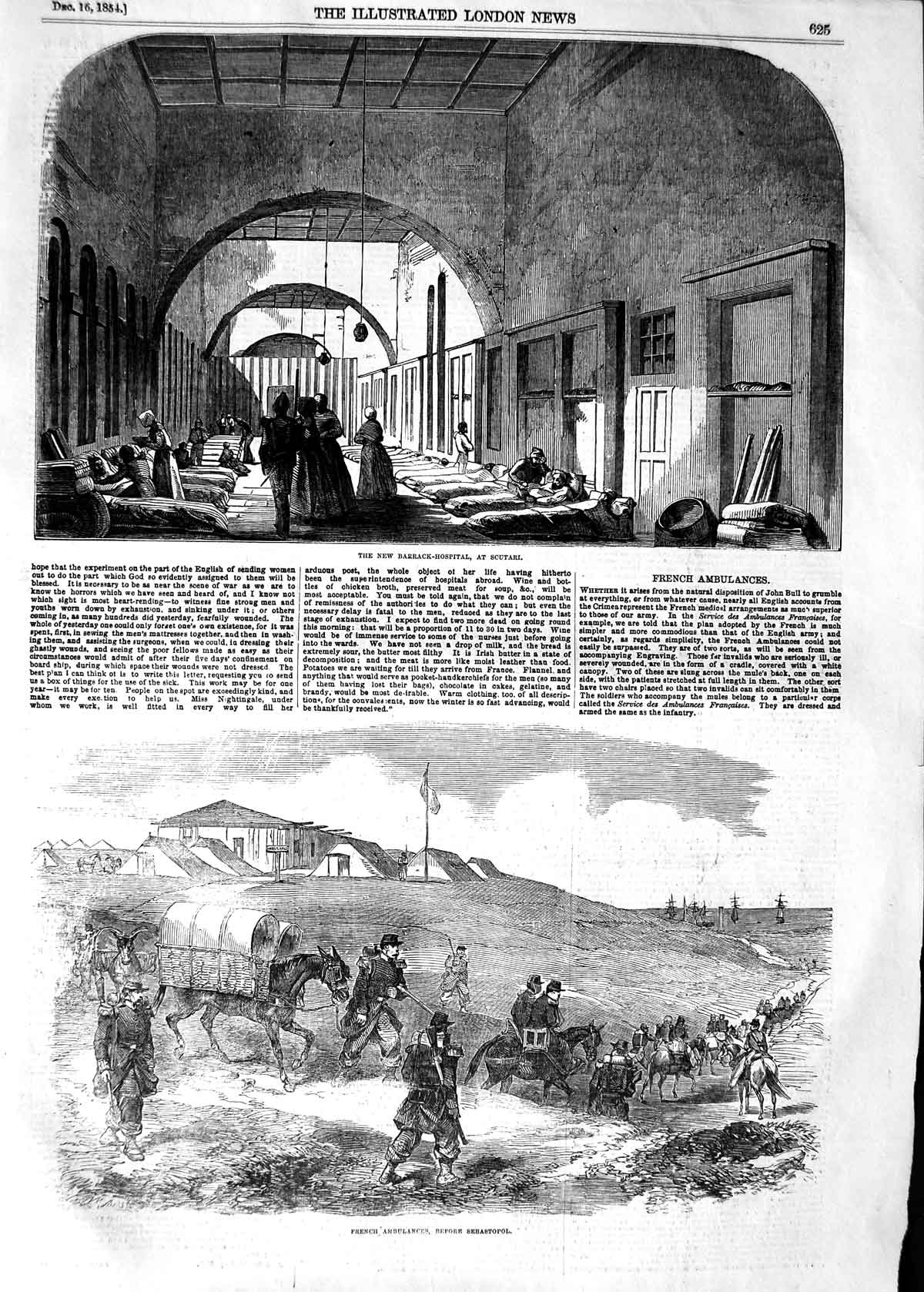 Original Old Antique Print 1854 Barrack Hospital Scutari War Ambulance Seb 19th