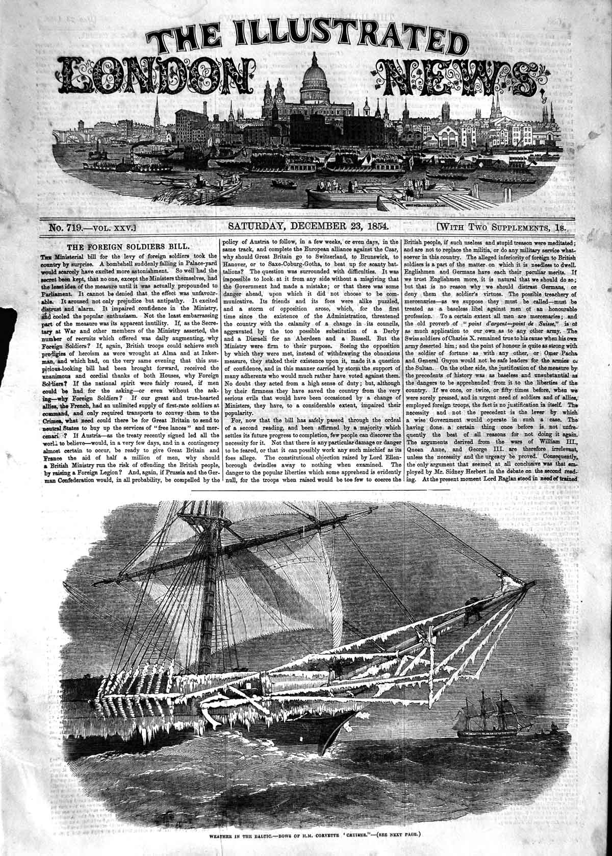 Original Old Antique Print 1854 Weather Baltic Bows Ship Corvette Cruiser Sea