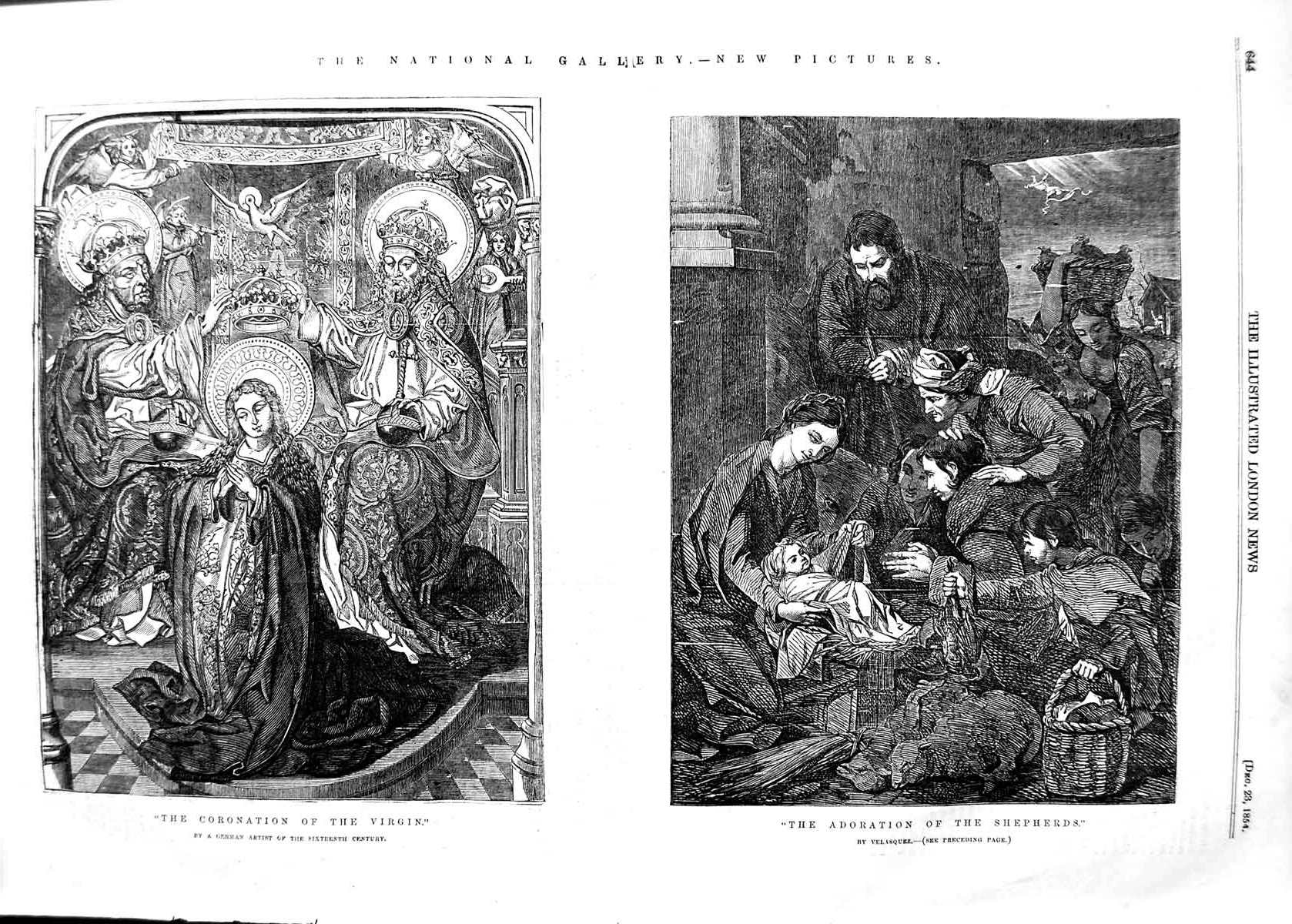 Original Old Antique Print 1854 Scene Coronation Virgin Adoration Shepherds