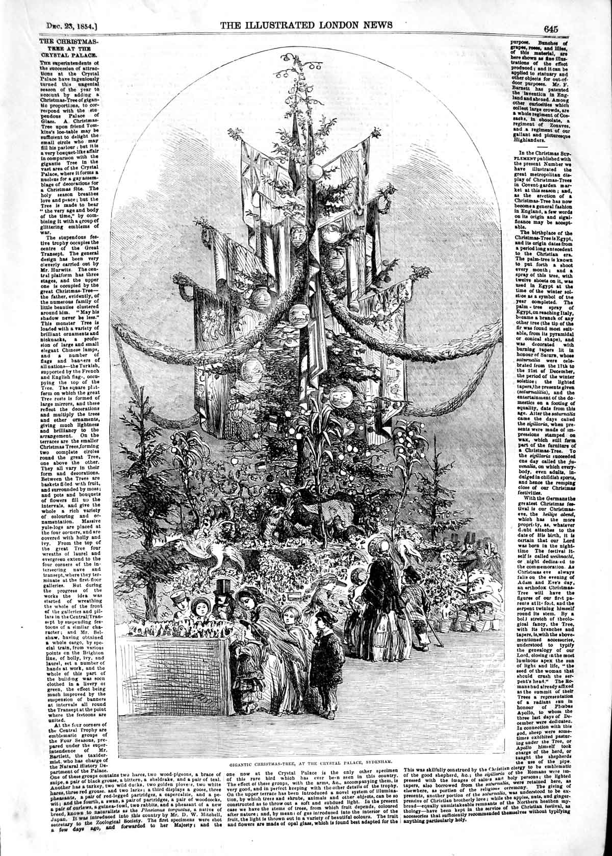 Original Old Antique Print 1854 Gigantic Christmas Tree Crystal Palace Sydenham