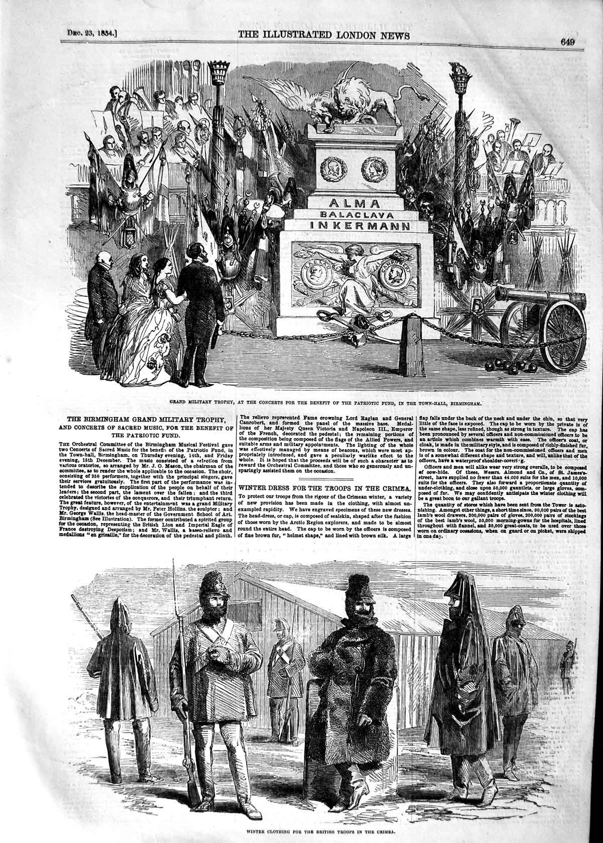 Old Antique Print 1854 Military Trophy Birmingham Winter Clothing Crimea 19th