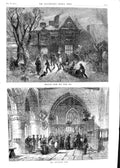 Original Old Antique Print 1854 Christmas Yule Log Church Poor People Victorian