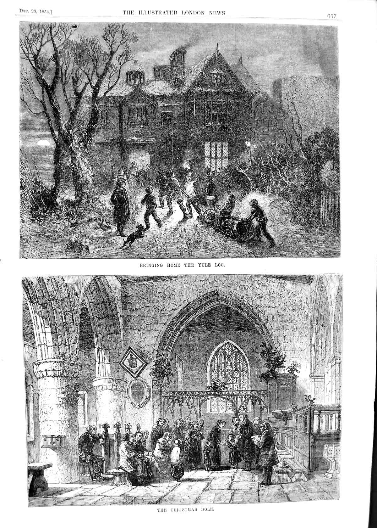 Original Old Antique Print 1854 Christmas Yule Log Church Poor People Victorian
