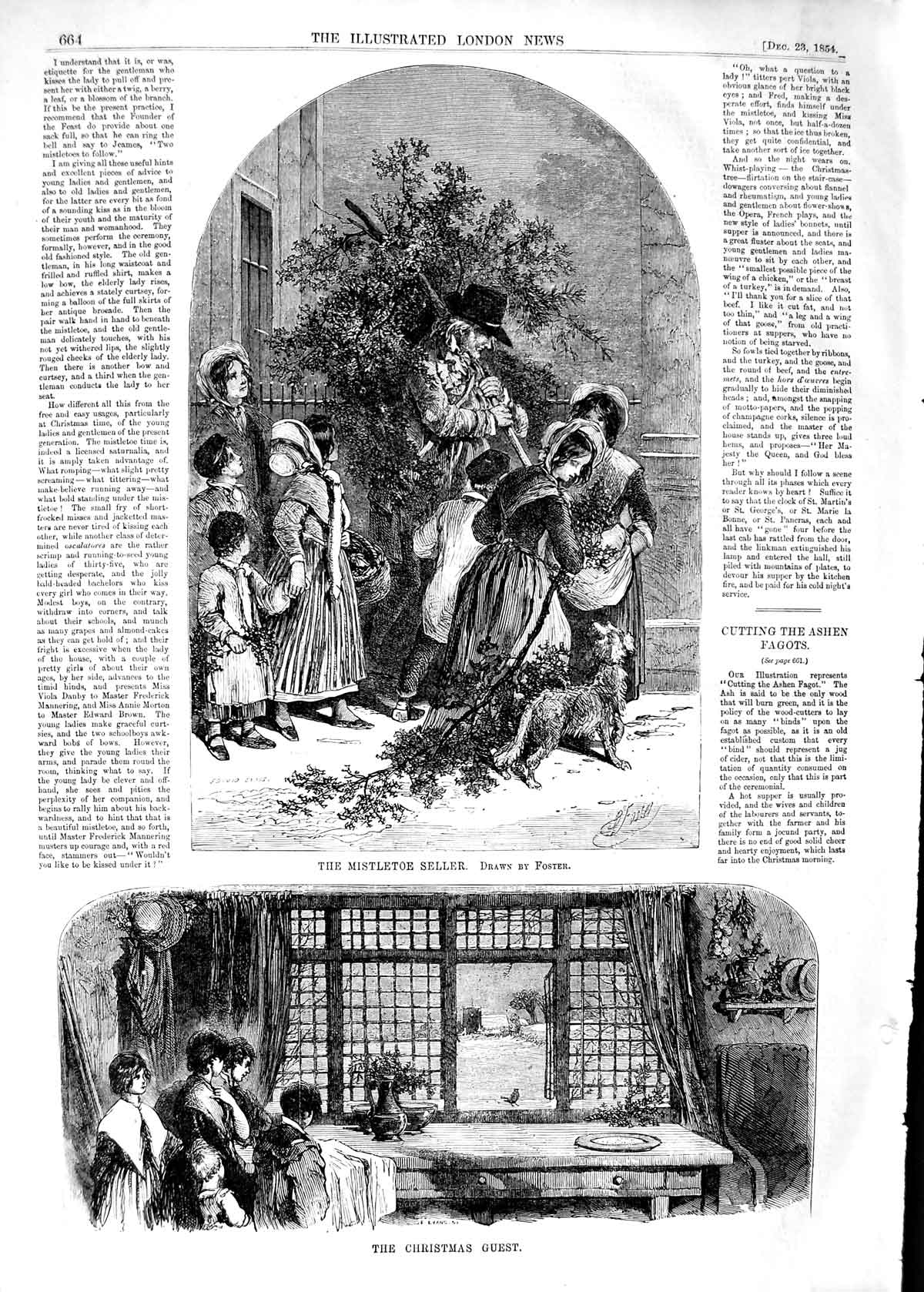 Original Old Antique Print 1854 Christmas Mistletoe Seller Family Window Home