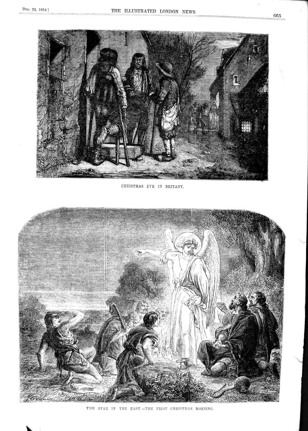 Original Old Antique Print 1854 Christmas Eve Britany France Star Sky Angel