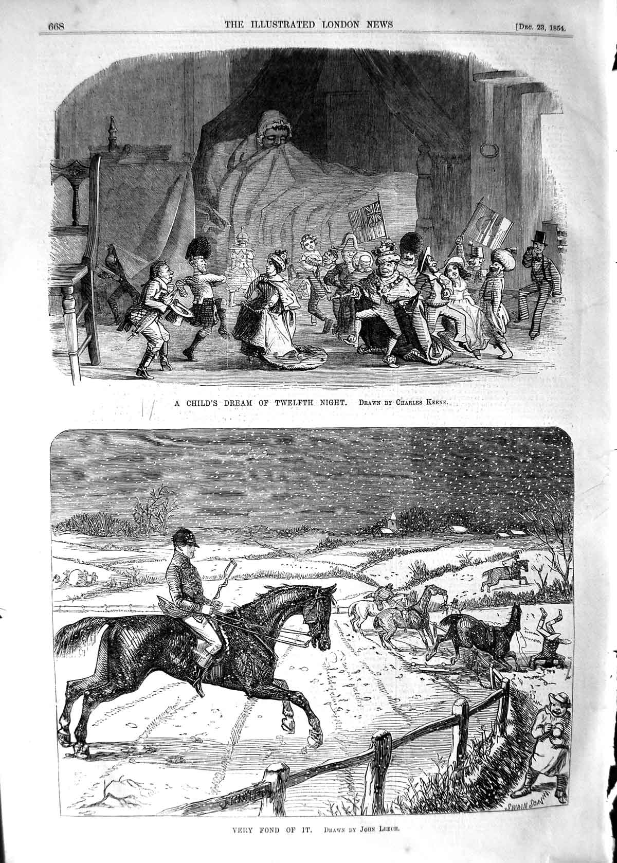 Original Old Antique Print 1854 Child'S Dream Twelfth Night Hunting Sport Snow