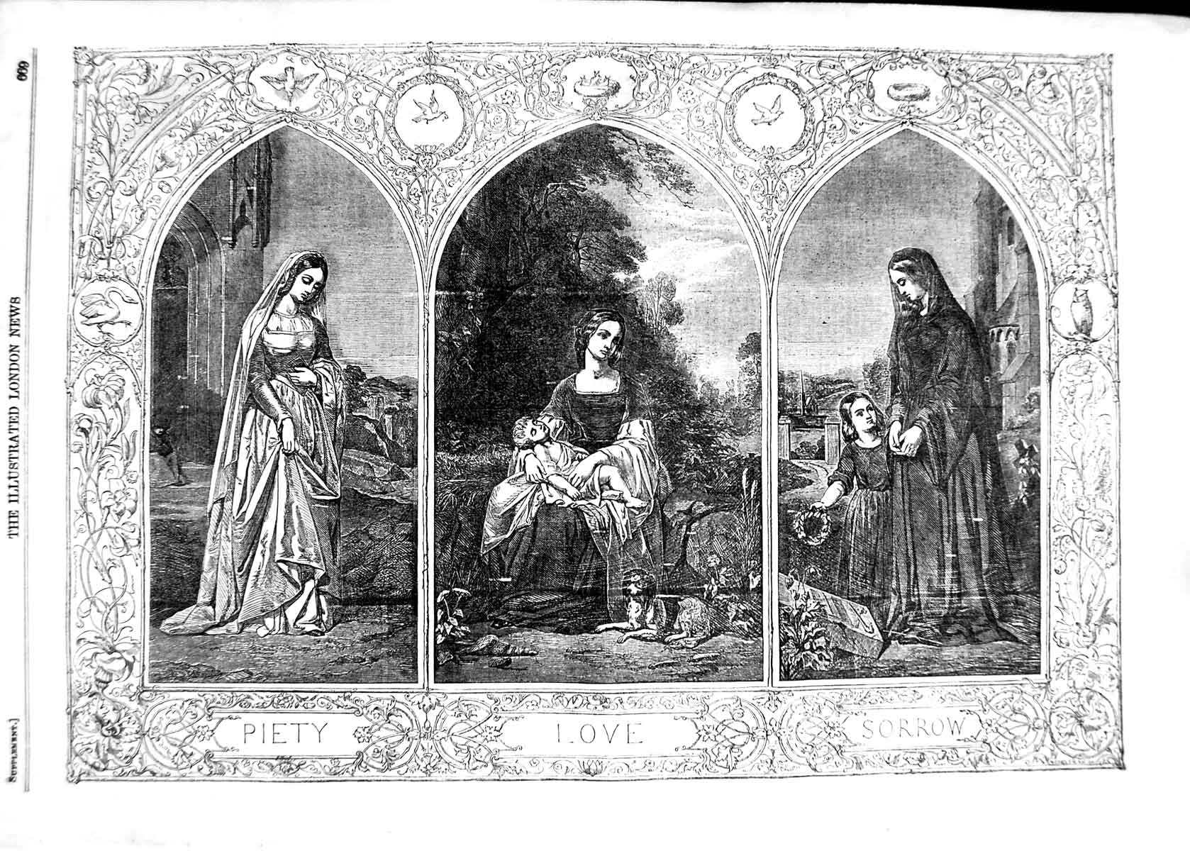 Original Old Antique Print 1854 Paintings Piety Love Sorrow Ladies Children