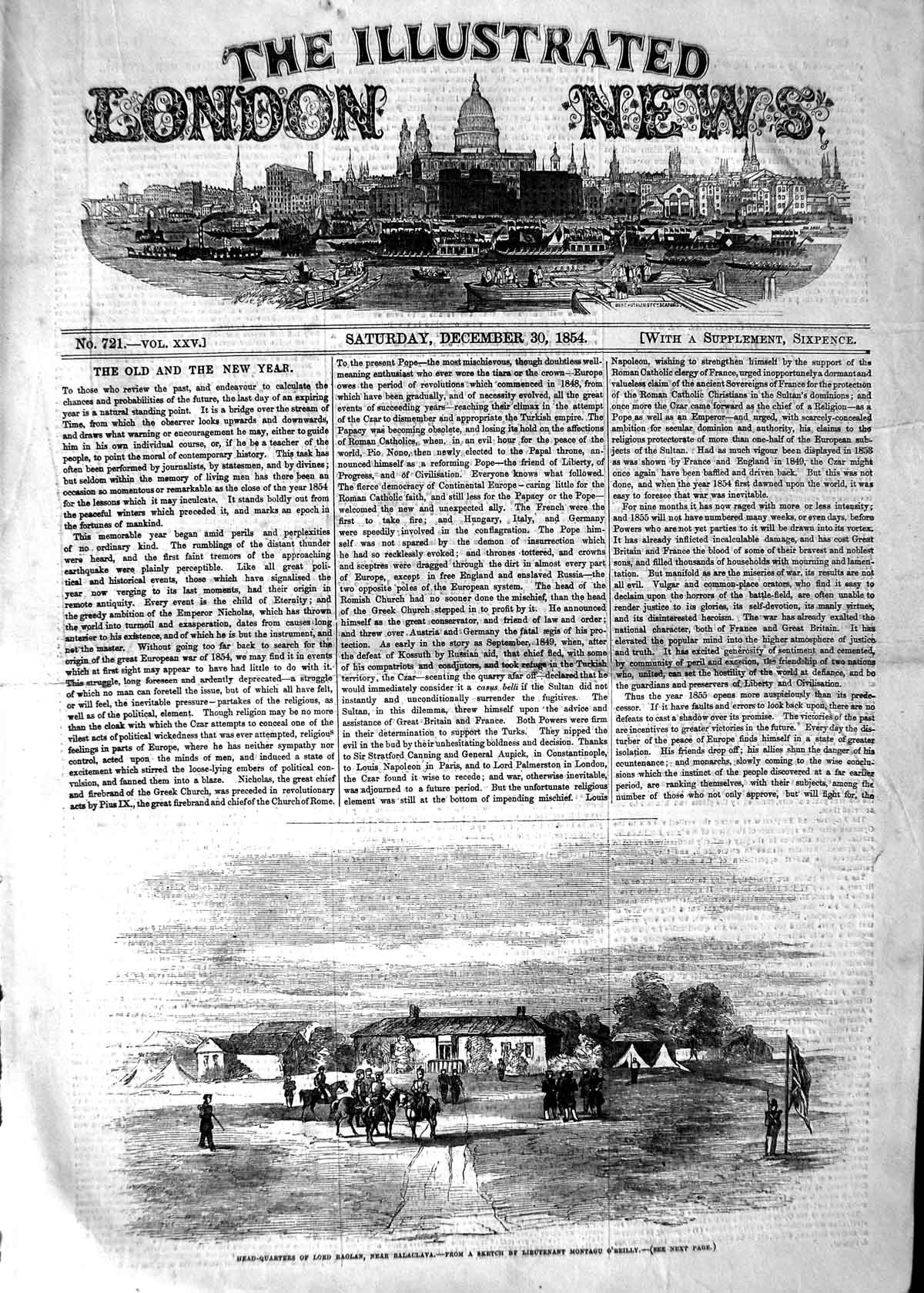 Original Old Antique Print 1854 Head-Quarters Raglan Balaclava Montagu O'Reilly