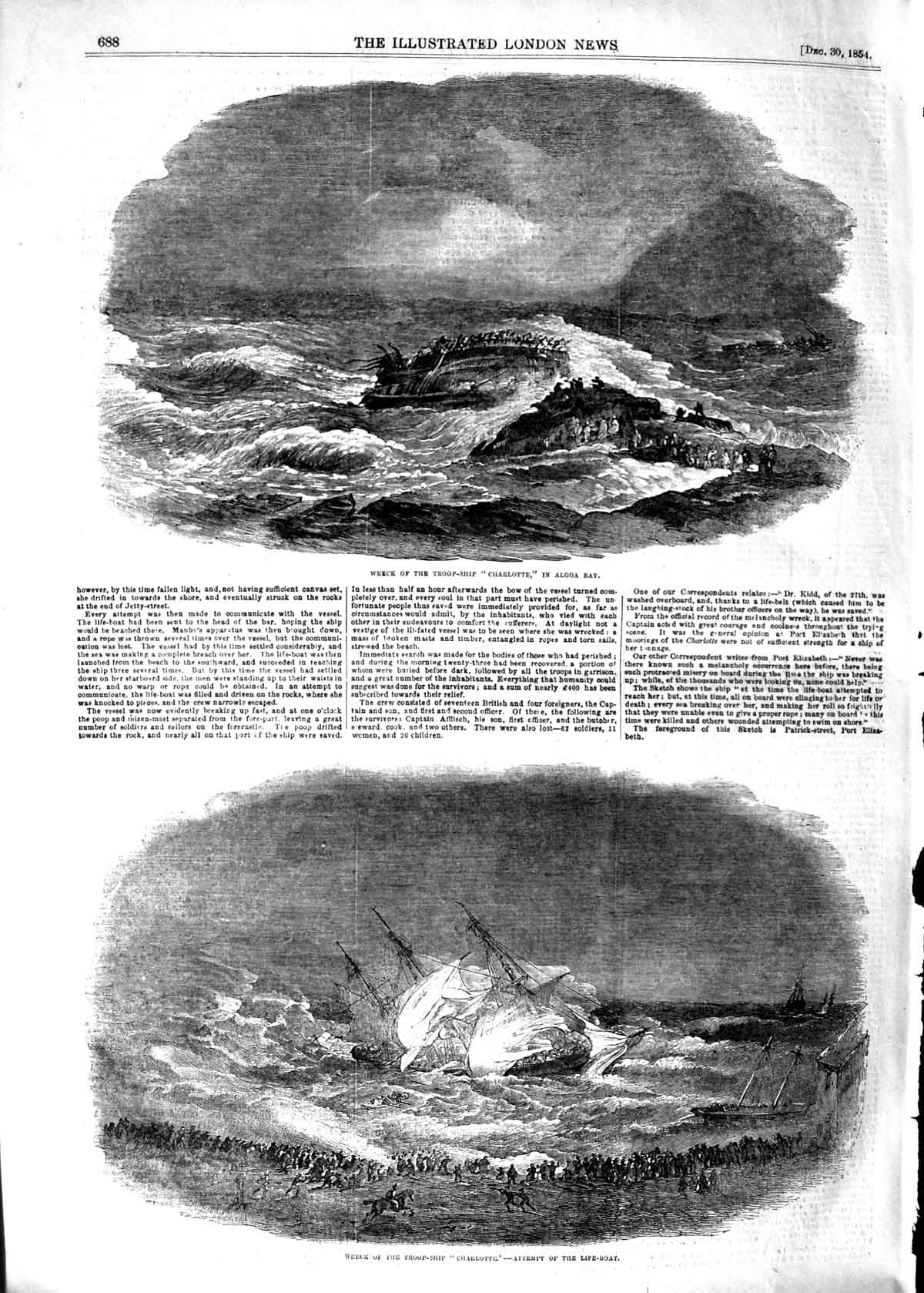 Original Old Antique Print 1854 Wreck Troop Ship Charlotte Algoa Bay Li 19th