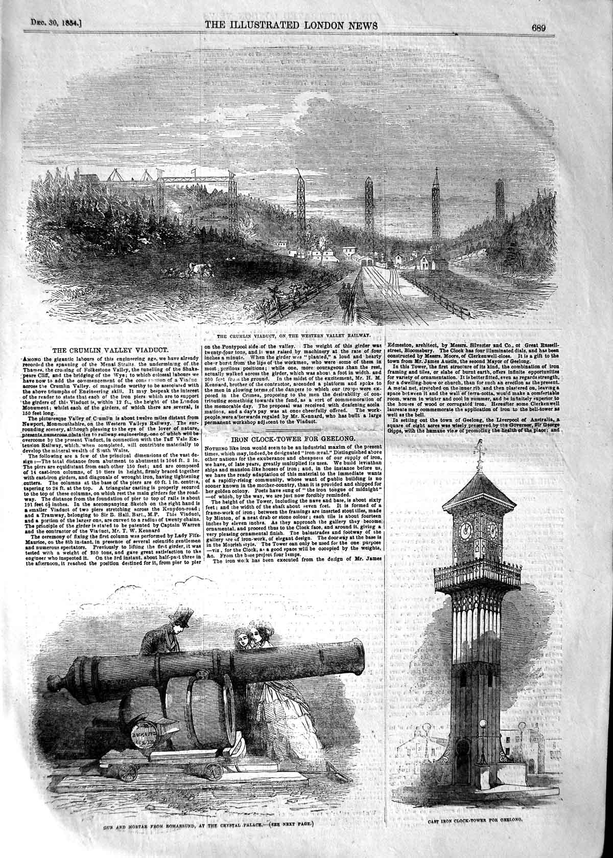 Original Old Antique Print 1854 Crumlin Viaduct Railway Iron Clock-Tower 19th