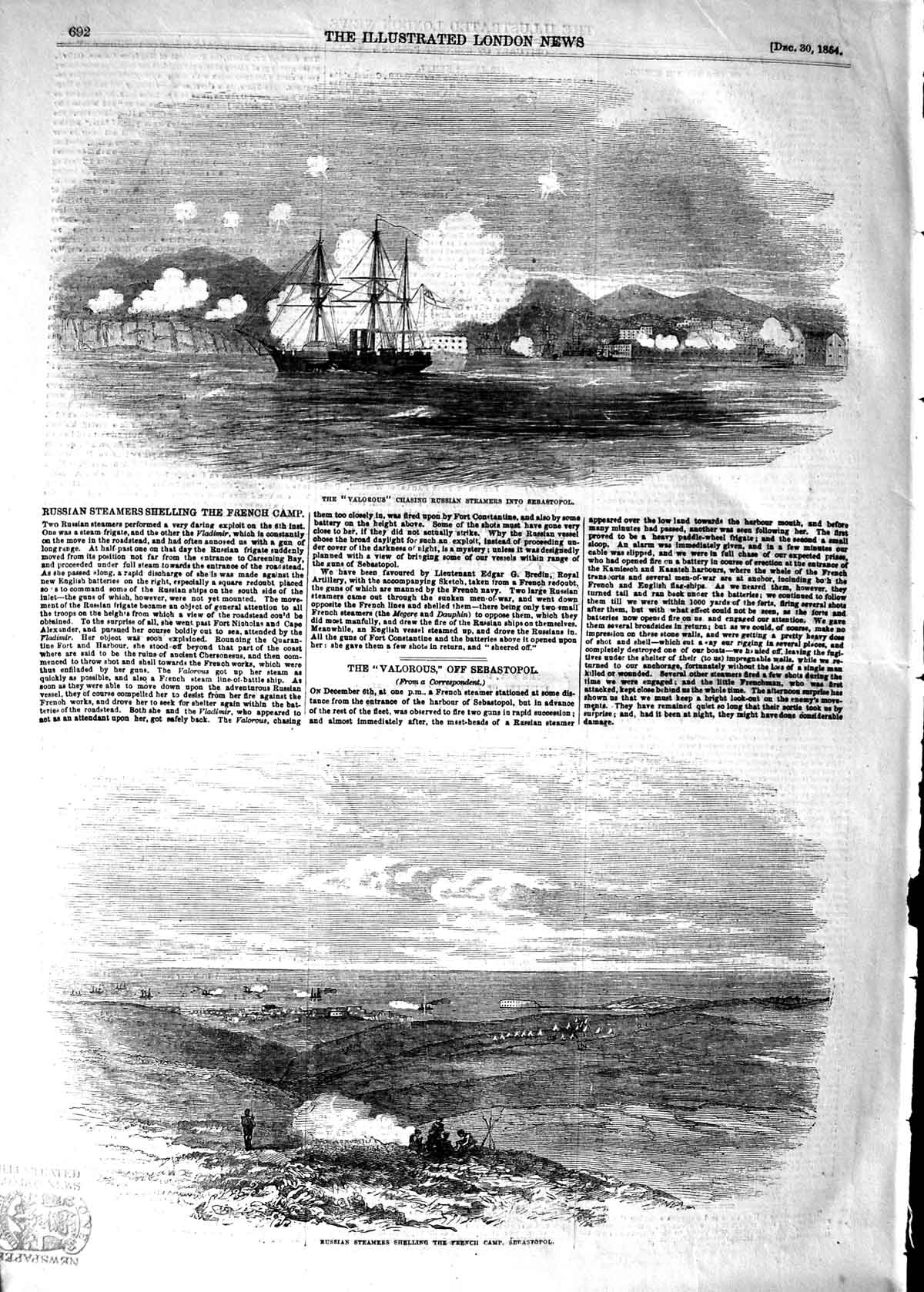 Original Old Antique Print 1854 Valorous War Ship Russian Steamer Sebastopol