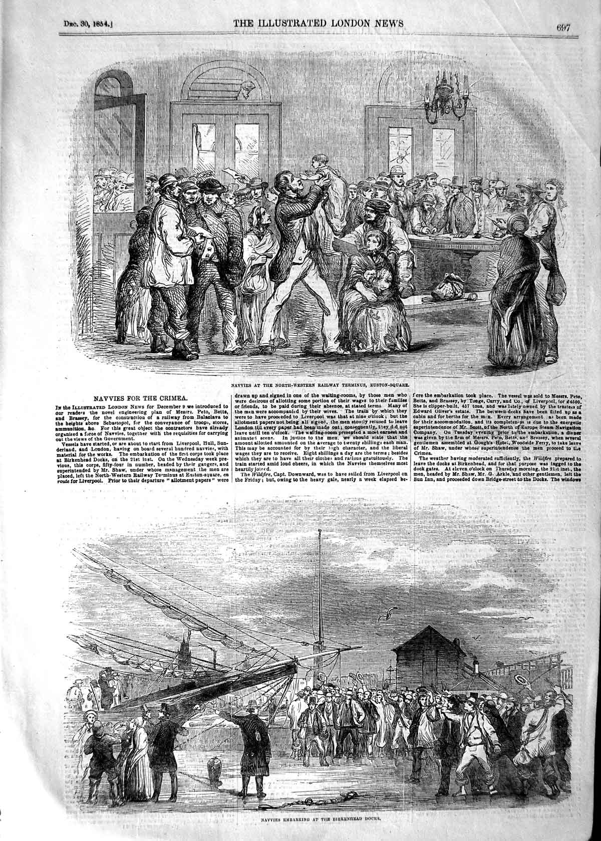 Old Antique Print 1854 Navvies Railway Terminus Euston Birkenhead Docks 19th