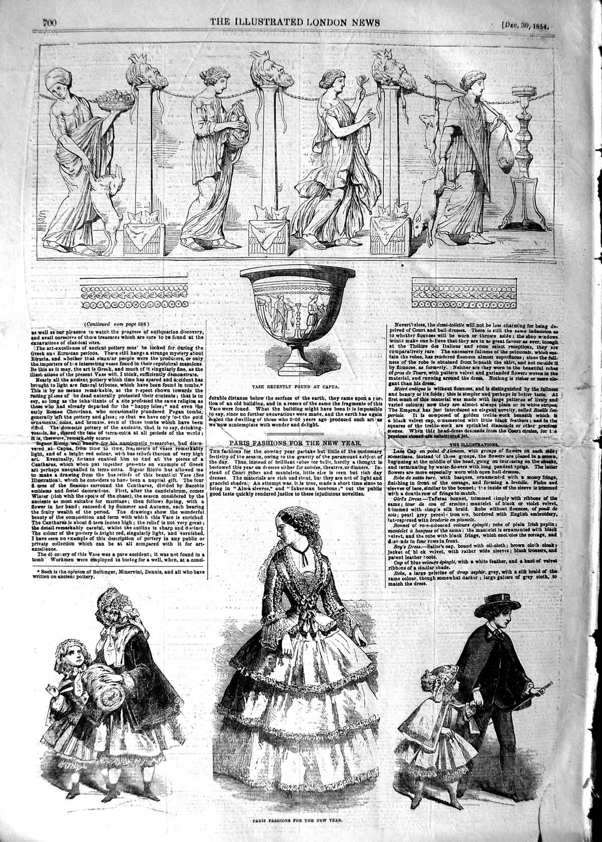 Original Old Antique Print 1854 Vase Capua Archaeology Paris Womens Fashion