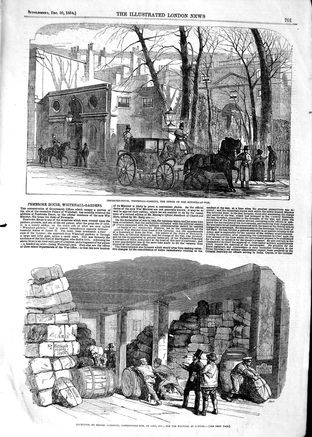 Old Antique Print 1854 Pembroke House Whitehall Gardens Cuthbert Scutari 19th