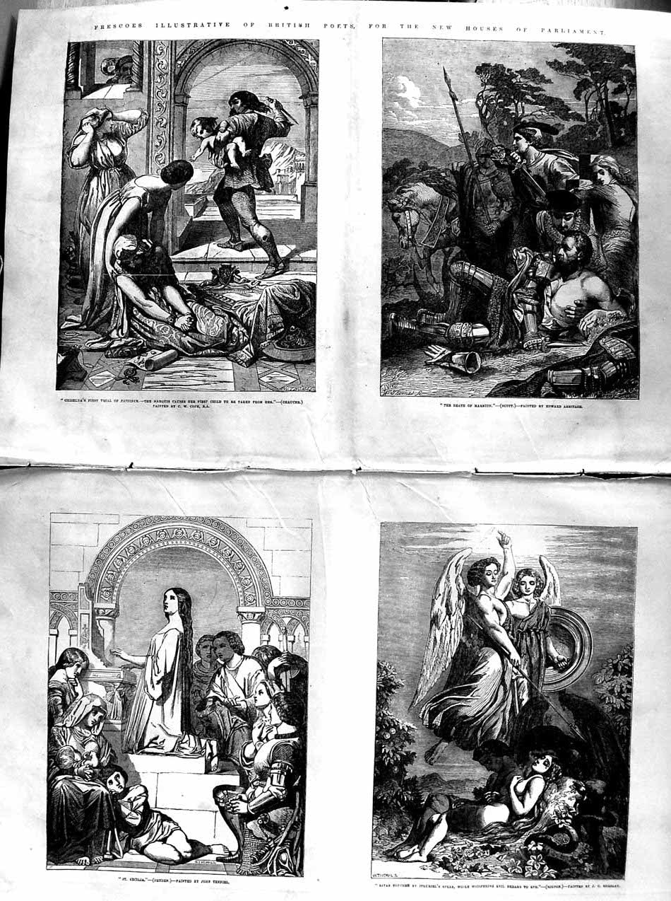 Original Old Antique Print 1855 Frescoes Houses Parliament Death Marmion Satan 0