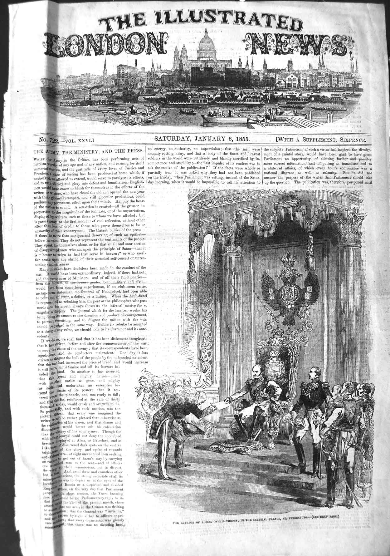 Antique Old Print *3190 1855 Emperor Russia Throne Imperial Palace Petersburg