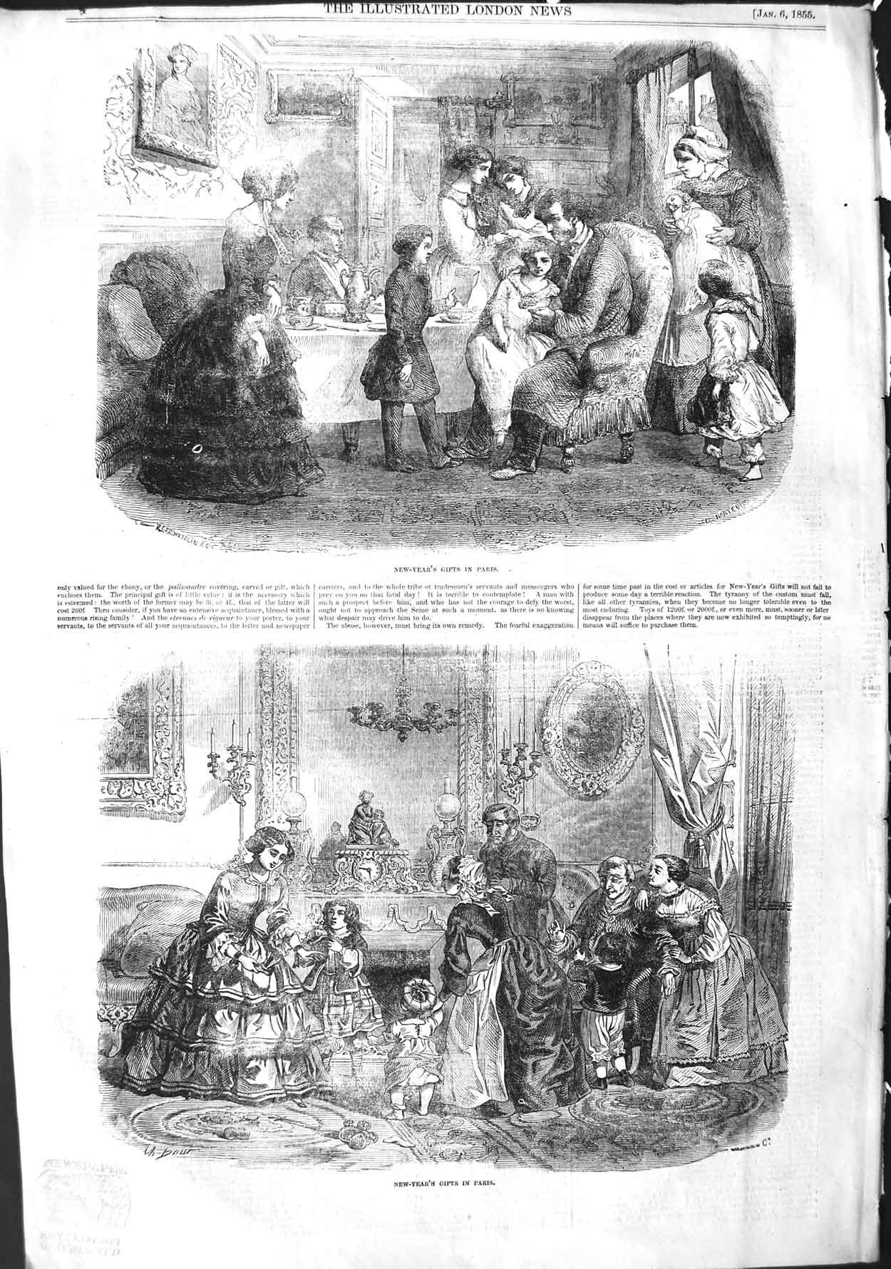 Original Old Antique Print 1855 New Year'S Gifts Paris France Family Home Scene