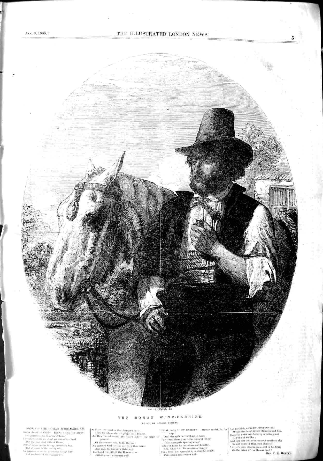 Original Old Antique Print 1855 Portrait Roman Wine-Carrier Man Horse Victorian