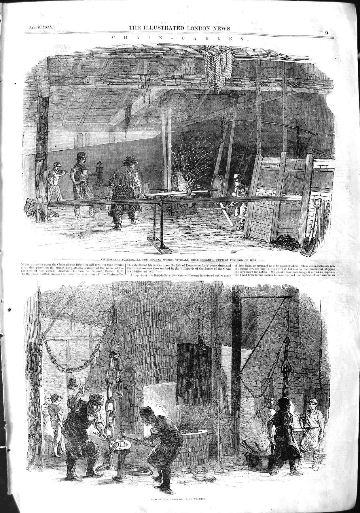 Original Old Antique Print 1855 Chain-Cable Forging Phoenix Tividale Dudley