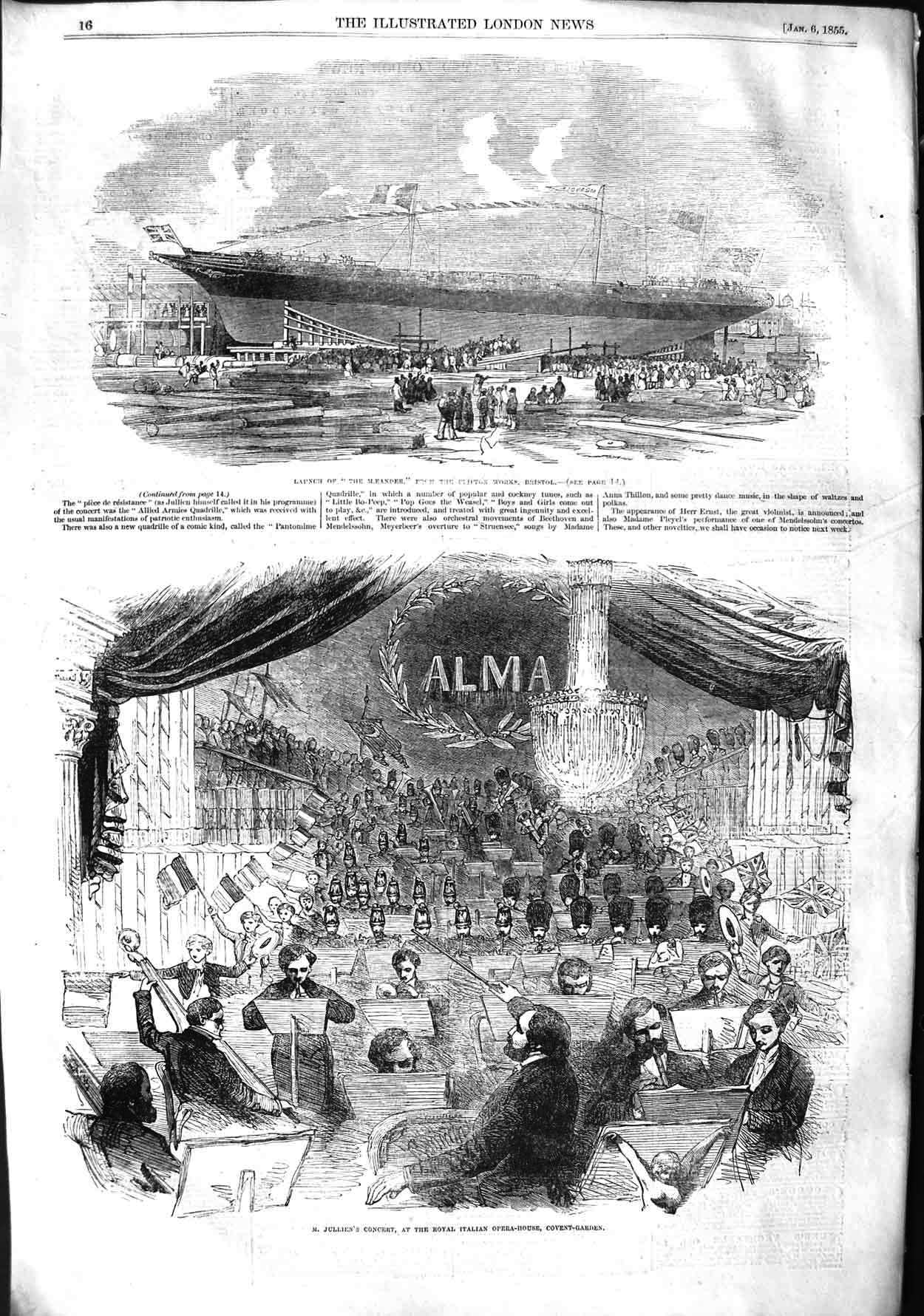 Old Antique Print 1855 Meander Ship Clifton Works Bristol Jullien'S Opera 19th