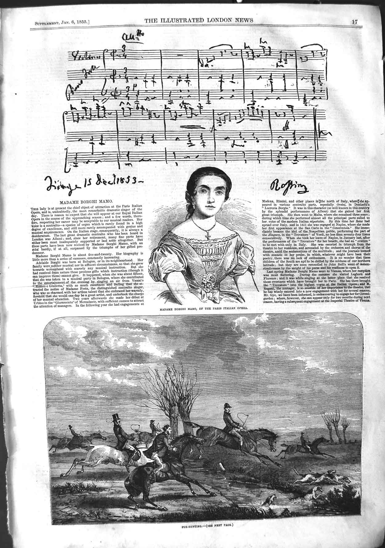 Old Antique Print 1855 Madame Borghi Mamo Paris Italian Opera Fox Hunting 19th