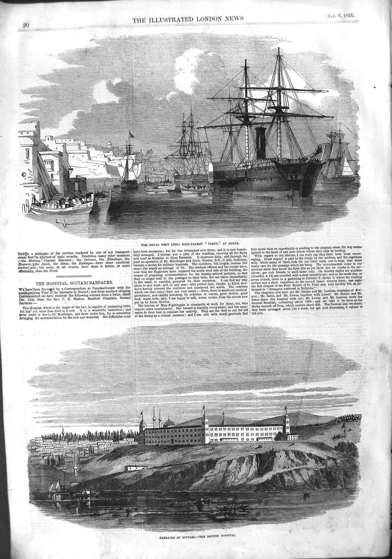 Old Antique Print 1855 West India Mail-Packet Ship Trent Scutari Hospital 19th