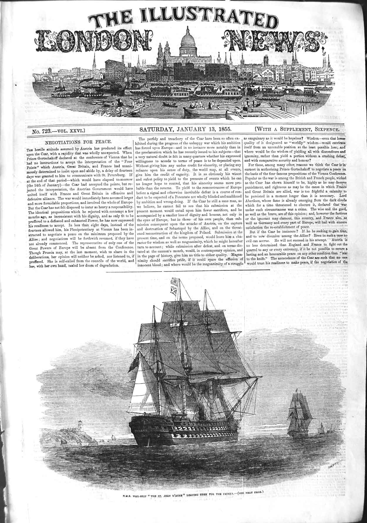 Original Old Antique Print 1855 H.M.S. War Ship St. Jean D'Acre Cork Crimea War