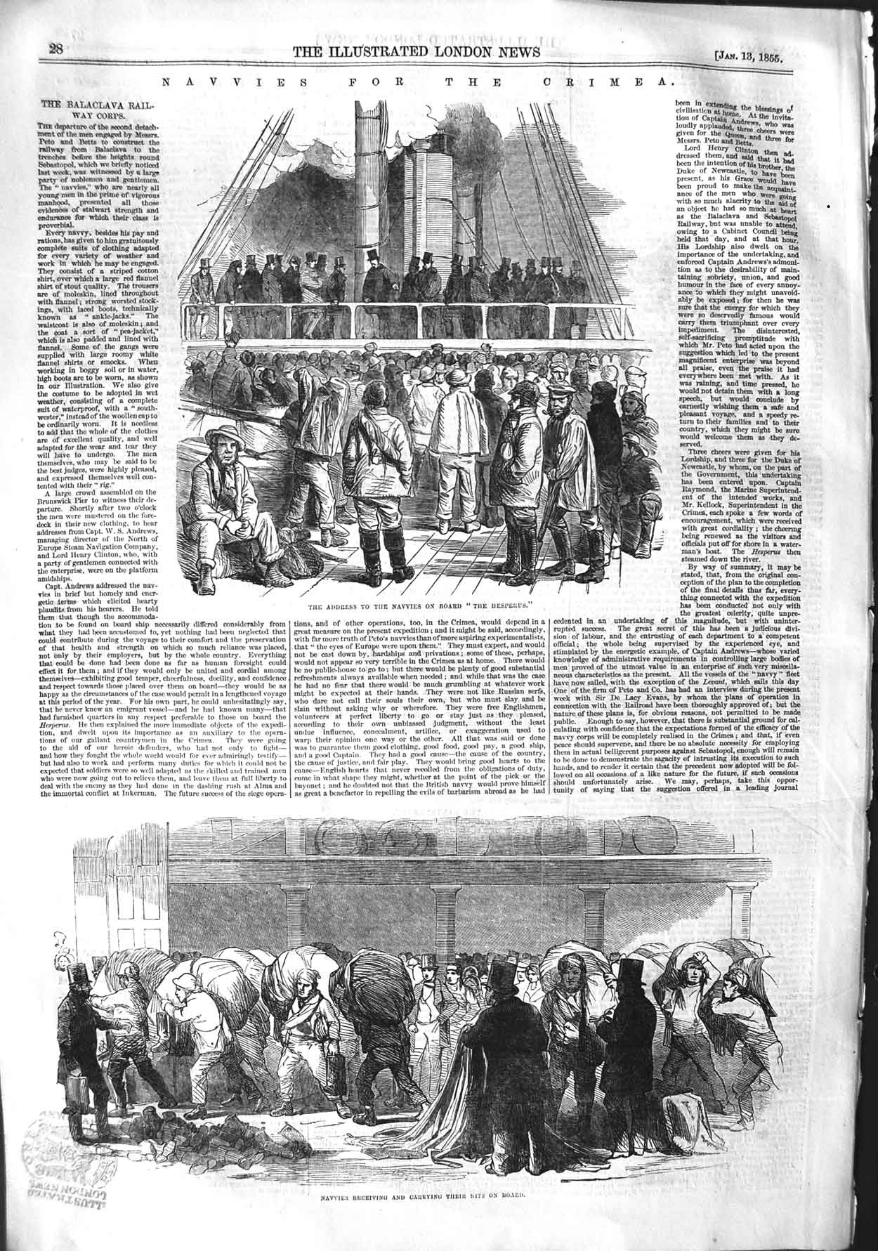 Original Old Antique Print 1855 Navvies Kit Bags Crimea War Hesperus Ship 19th