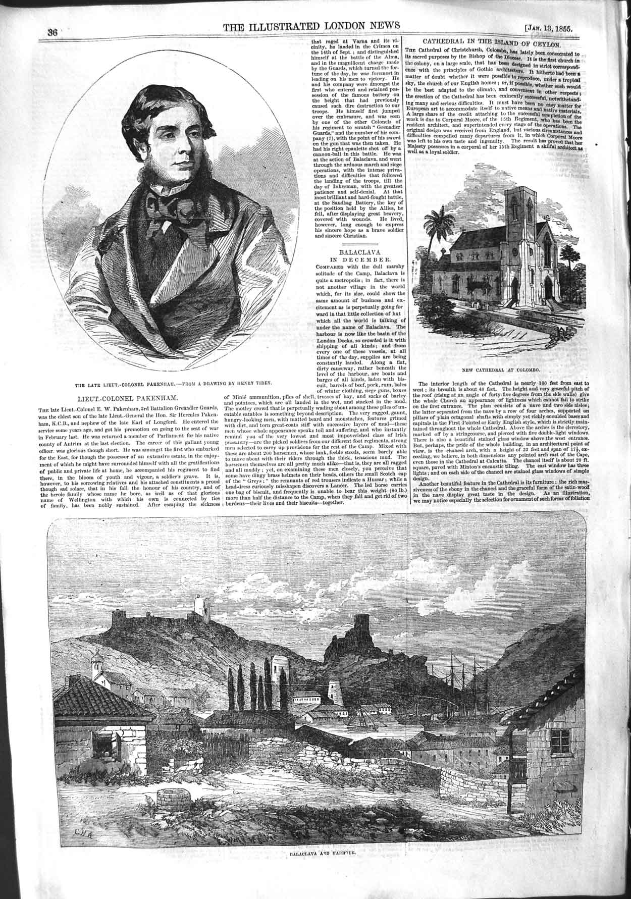 Original Old Antique Print 1855 Cathedral Colombo Pakenham Balaclava Harbour