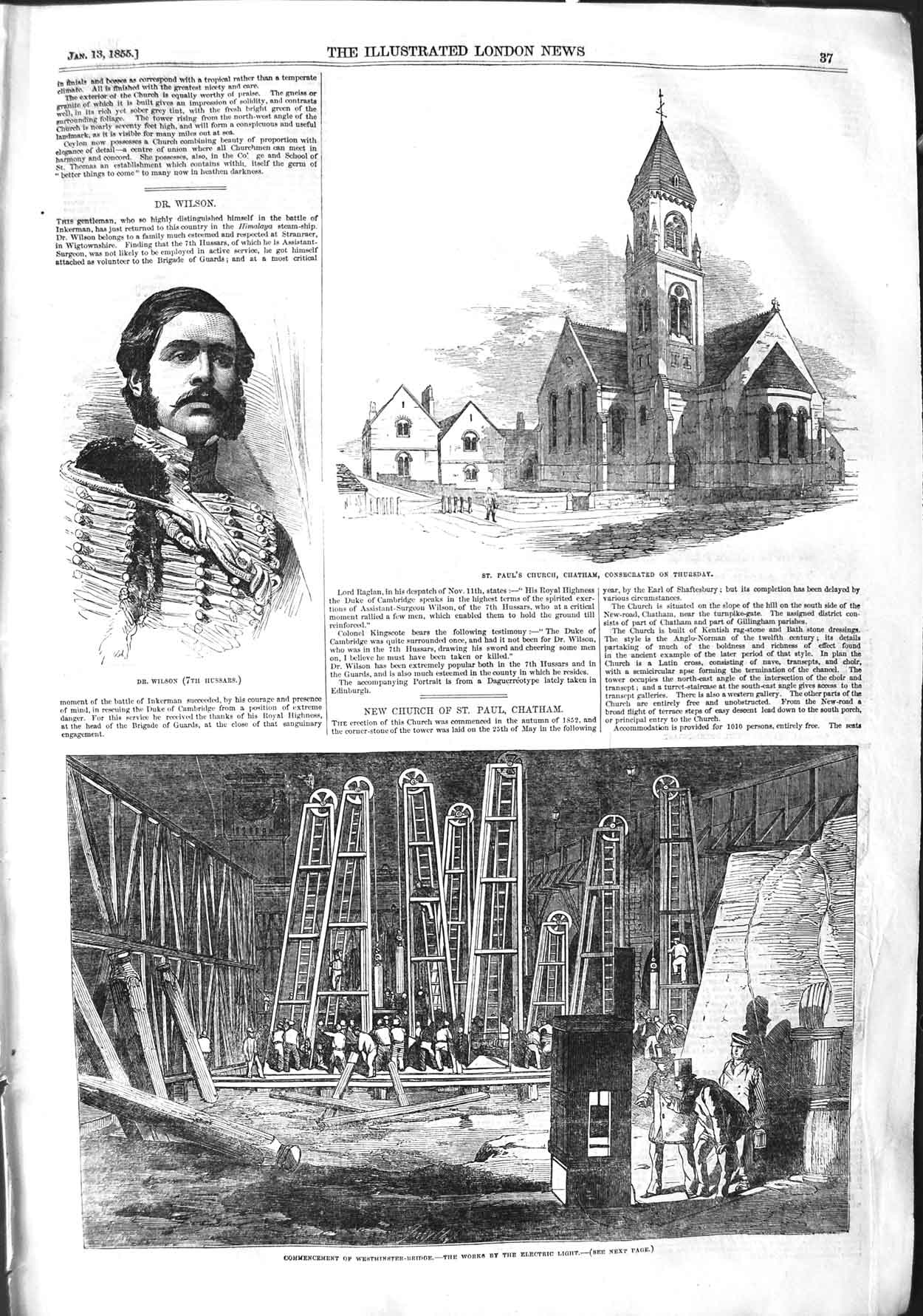 Original Old Antique Print 1855 Paul'S Church Chatham Wilson Westminster Bridge