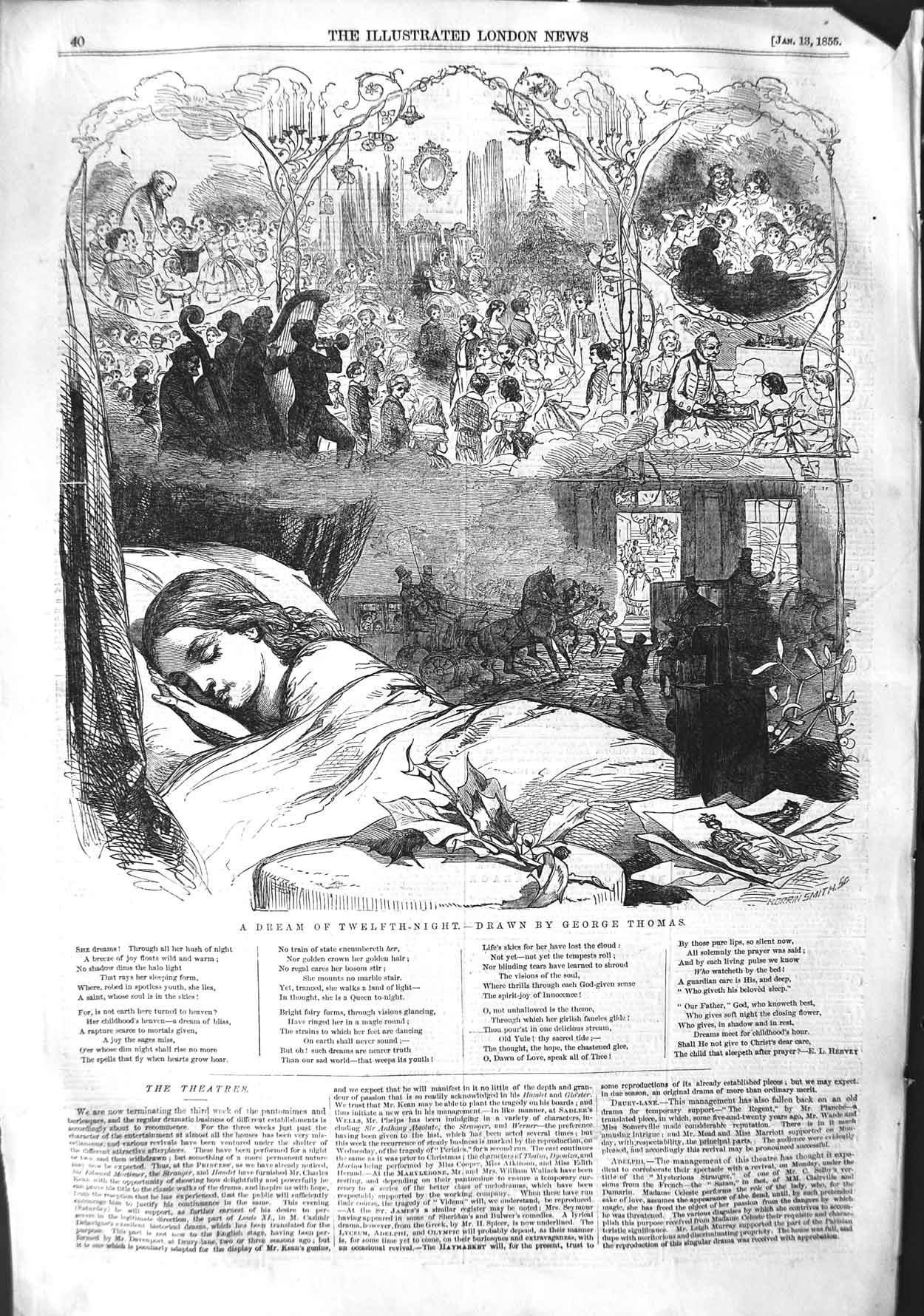Original Old Antique Print 1855 George Thomas Drawing Christmas Girl Dreaming