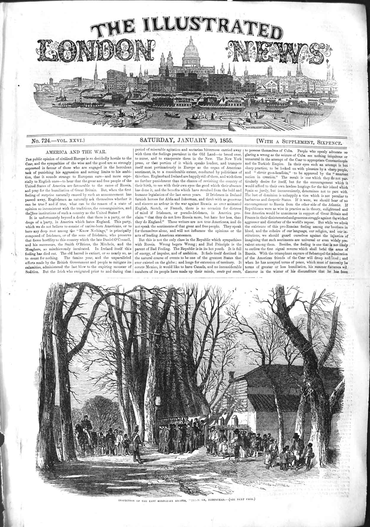 Original Old Antique Print 1855 Inspection East Middlesex Militia Hampstead War