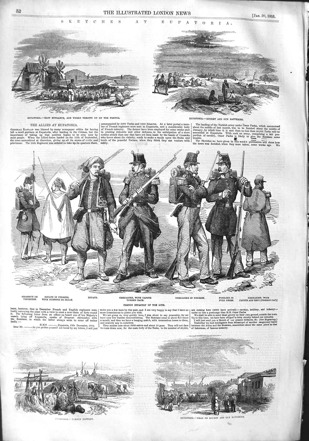 Original Old Antique Print 1855 War Eupatoria French Siers Grenadier Zouave
