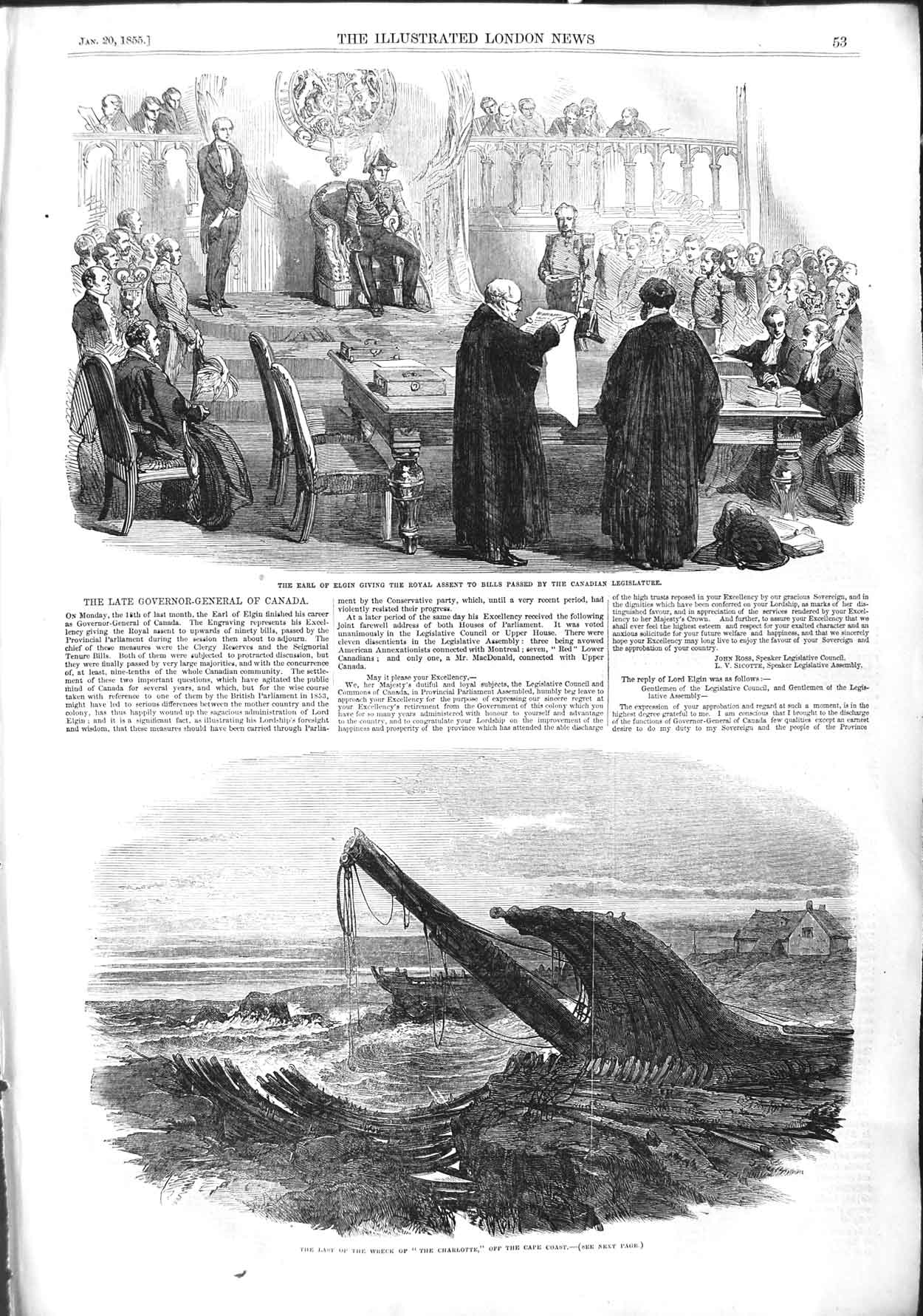 Old Antique Print 1855 Earl Elgin Canada Ship Wreck Charlotte Cape Coast 19th