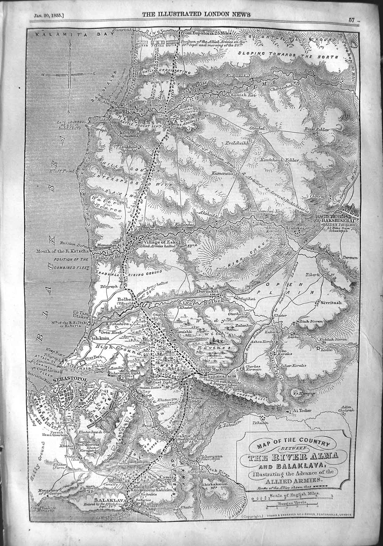 Original Old Antique Print 1855 Map Country River Alma Balaklava Allied Armies