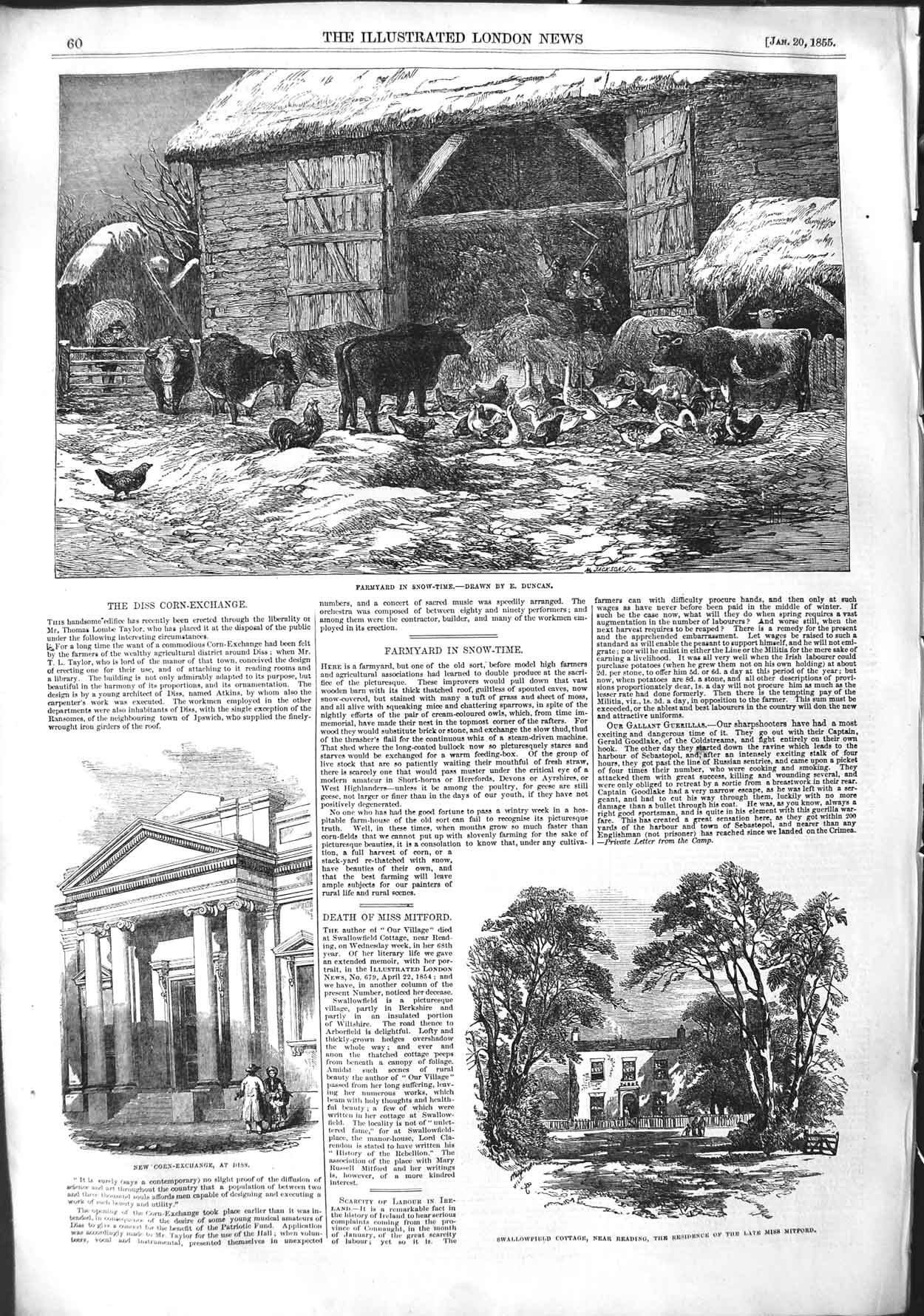 Original Old Antique Print 1855 Farmyard Snow Cattle Swallowfield Mitford Diss