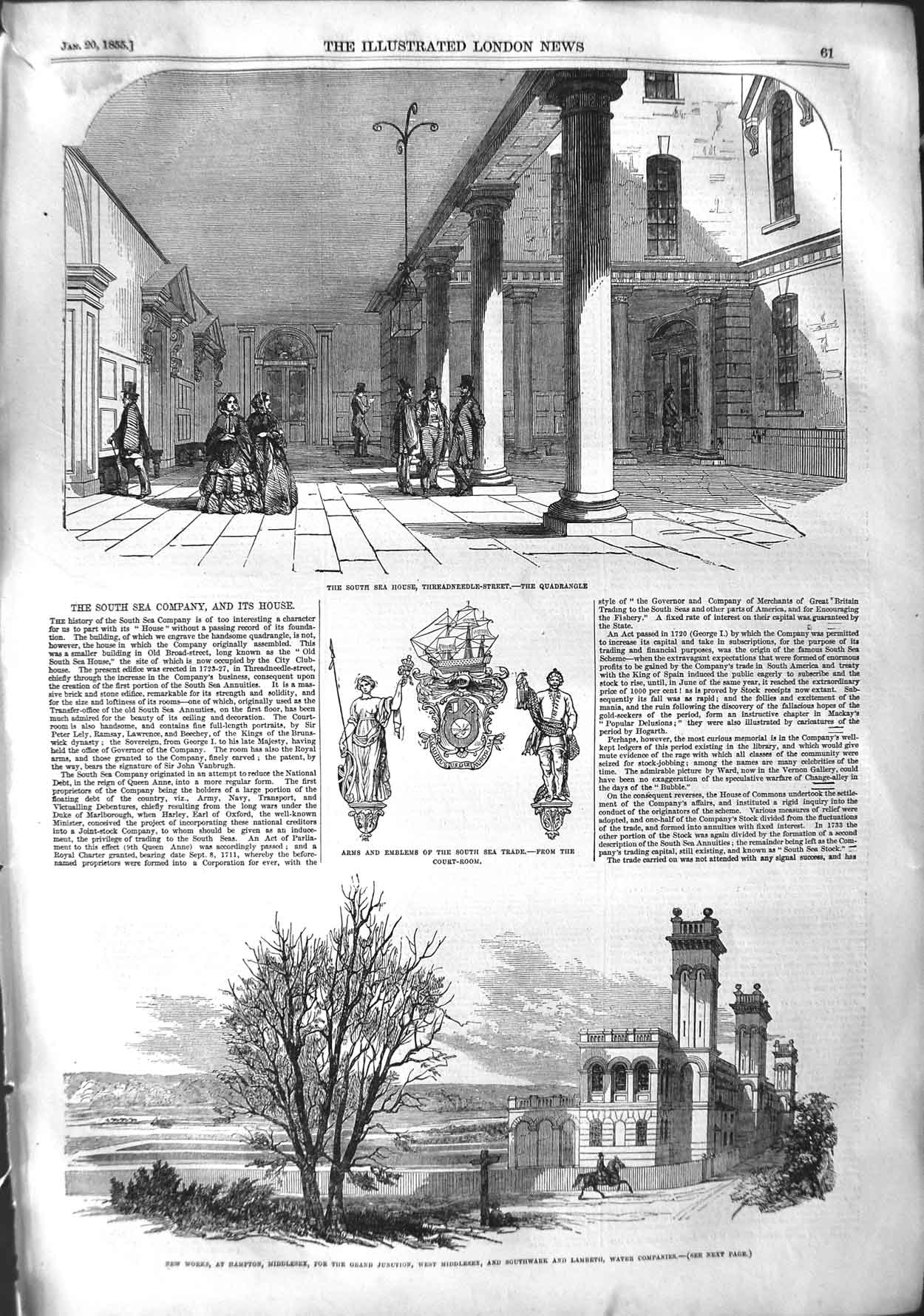 Old Antique Print 1855 South Sea House Threadneedle Lambeth Water Company 19th
