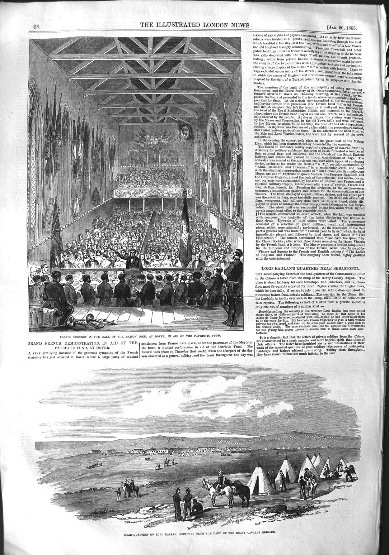 Old Antique Print 1855 French Concert Maison Dieu Dover Lord Raglan War 19th